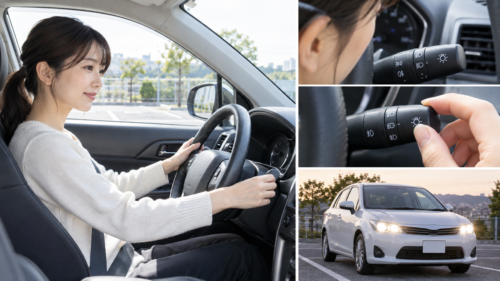 停車中の運転席でライトスイッチを確認し、レバー操作とヘッドライトの点灯状態を確かめる様子