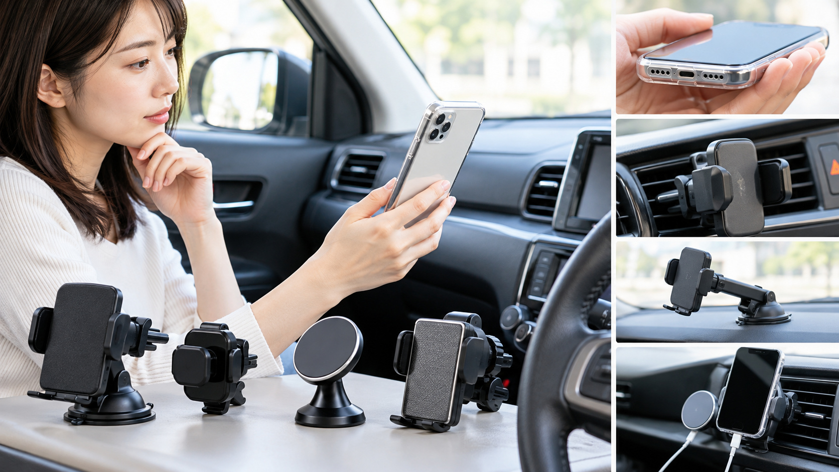 車の吹き出し口やダッシュボードに付ける複数のスマホホルダーを並べ、スマホとの組み合わせを検討している様子