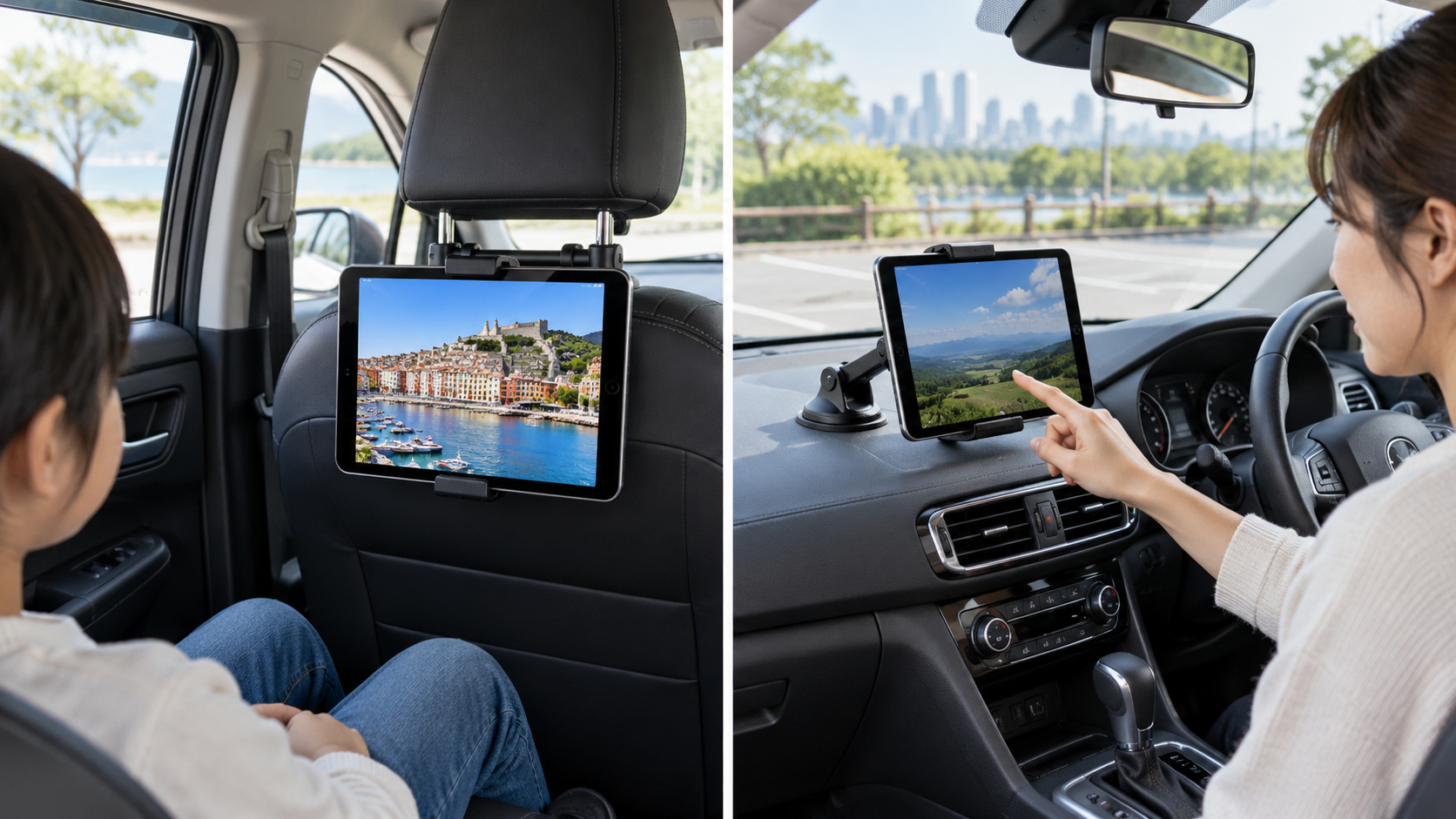 後部座席のヘッドレスト固定型と前席のダッシュボード設置型を、車内の取り付け位置で見比べた様子

