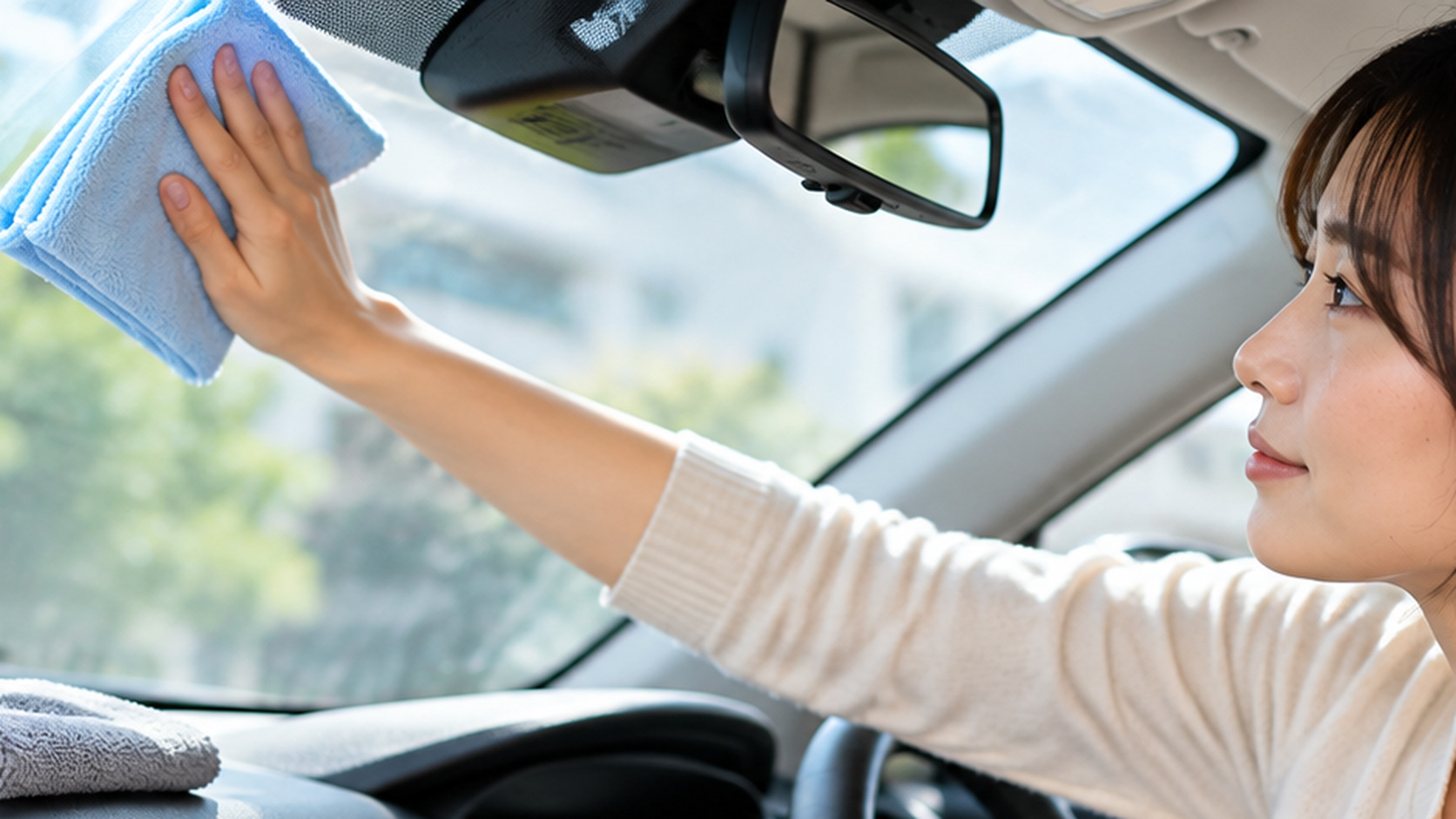 停車中の車内で柔らかいクロスを使い、フロントガラスの内側を拭いている様子