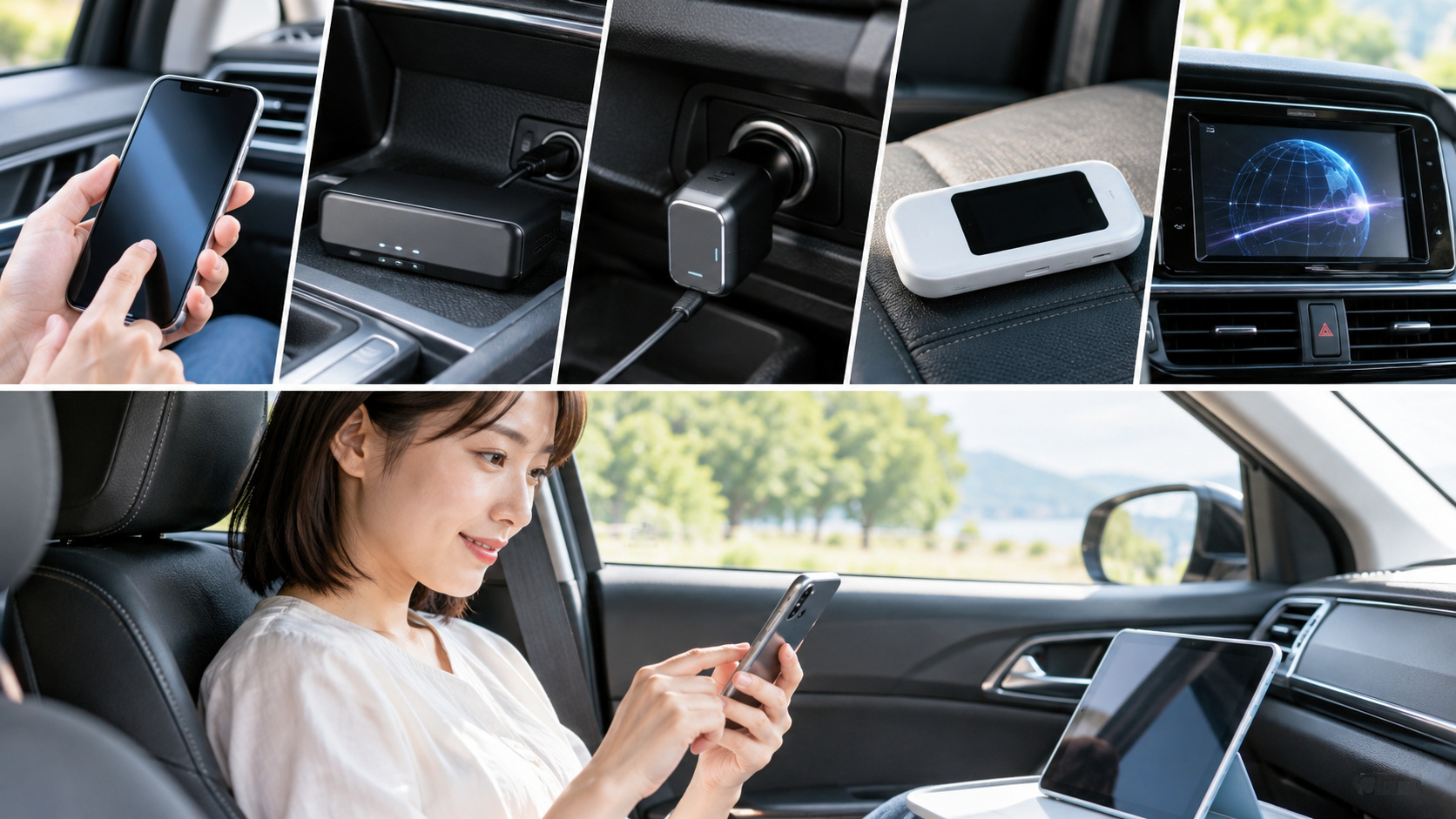 スマホ、車載ルーター、USB給電機器、ポケット型端末、車載ディスプレイを並べた車内Wi-Fiの方式比較