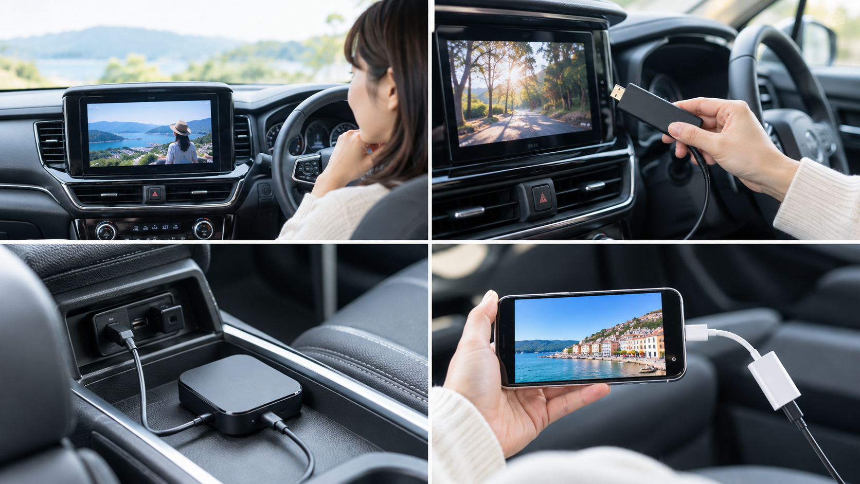 ナビ内蔵の動画機能、動画再生スティック、AI Box、スマホの有線接続という4つの方法を車内の場面で比較