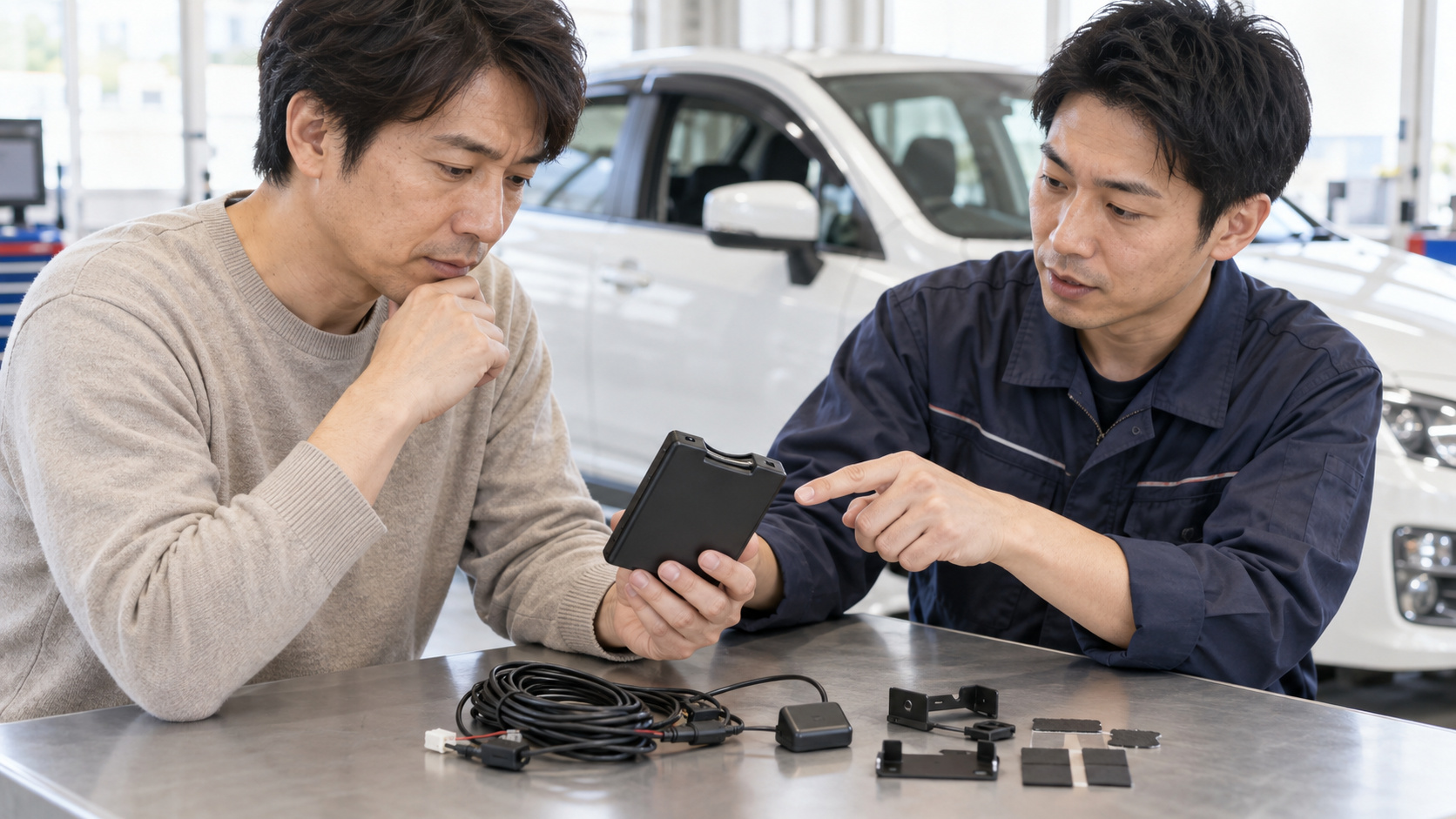 中古ETC車載器の購入前に、本体と配線などの付属品を見せて取付店のスタッフへ相談する様子