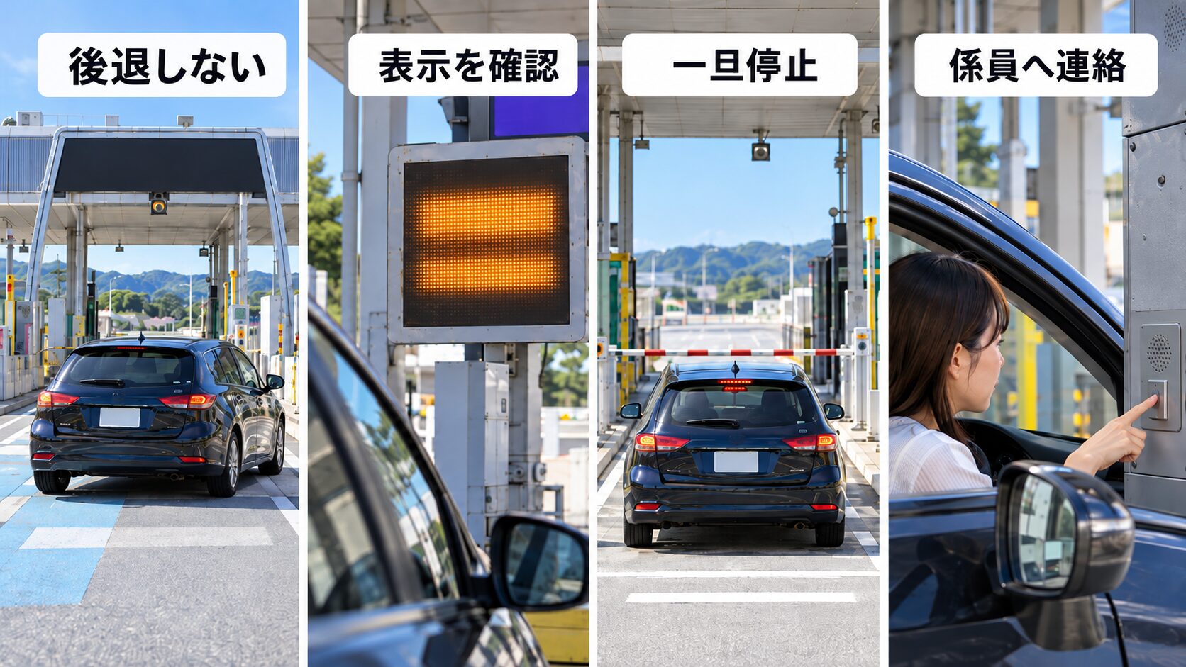 ETC専用料金所で後退せず案内を確認し、バー手前で止まって係員へ連絡する流れを4つの場面で示した図
