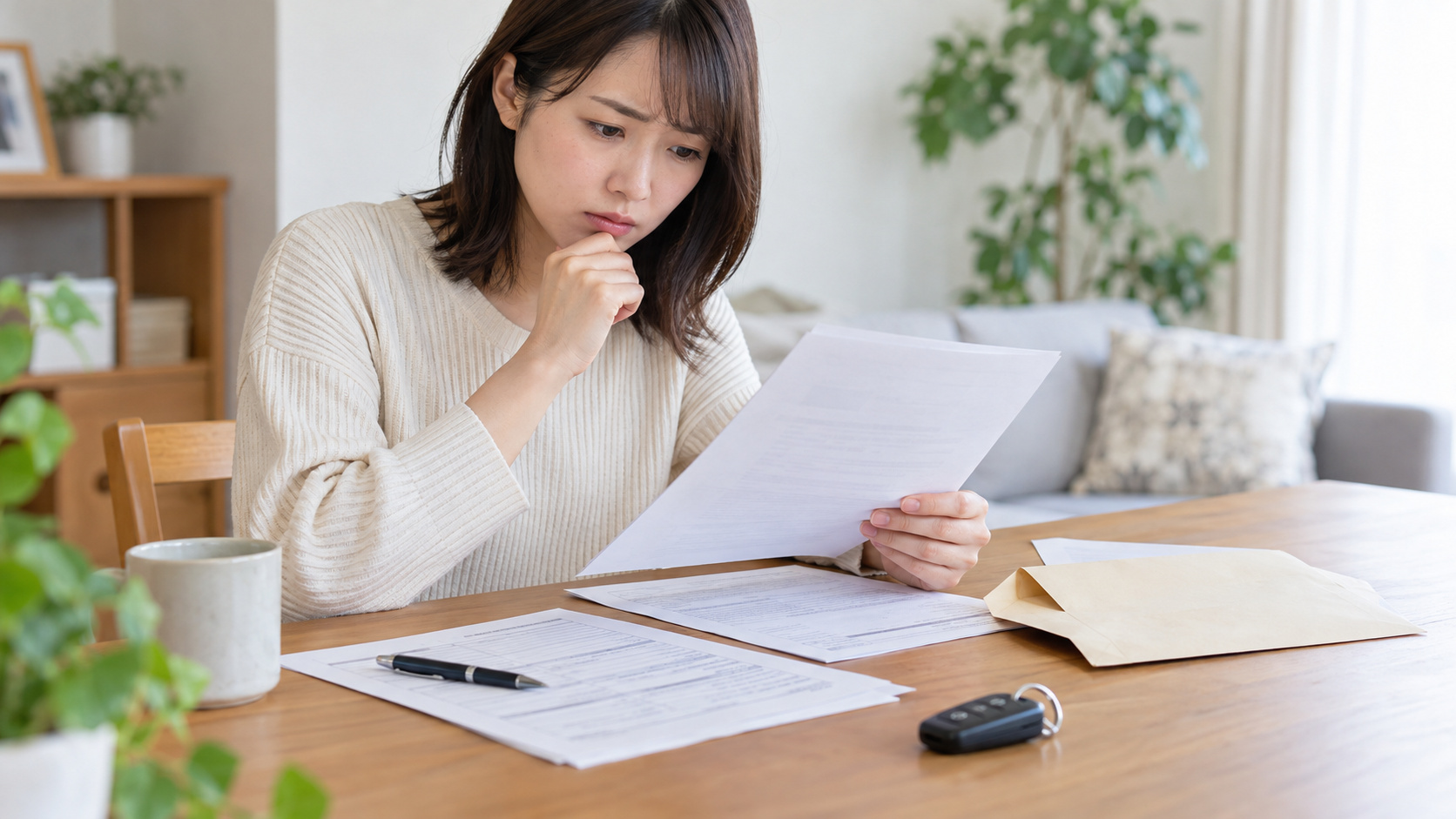ETCパーソナルカードの申込条件を確認するため、書類と封筒を机に広げて内容を読む女性