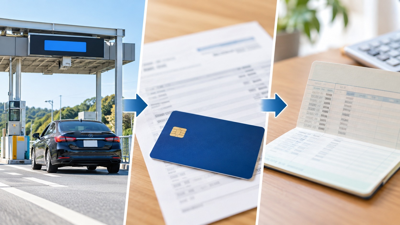 高速道路の通行後、ETC料金がカード会社の請求に入り、後日口座から引き落とされる流れを示した図