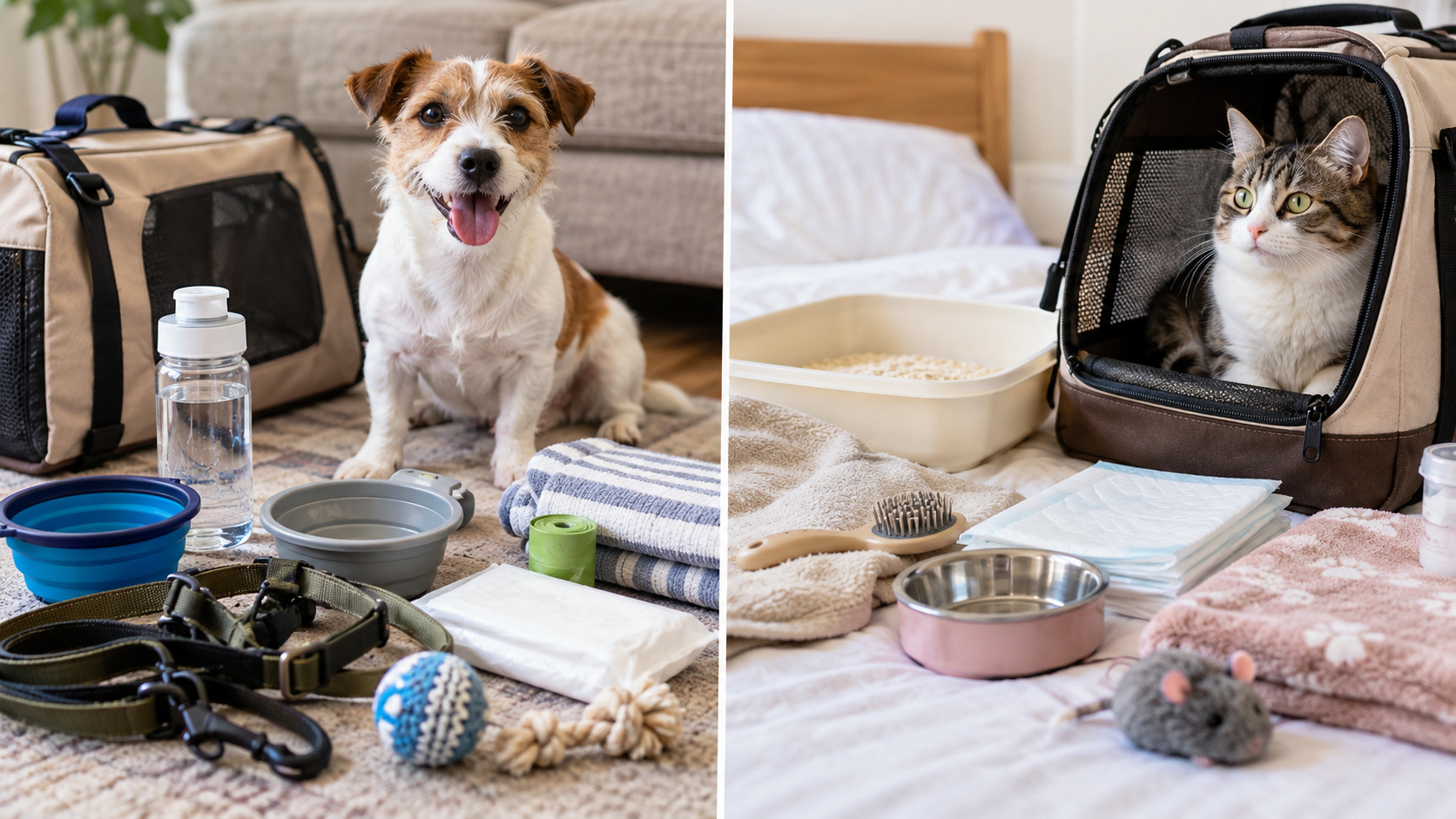 犬連れ用のリードや給水用品と、猫連れ用のキャリーやトイレ用品を左右に分けて並べた持ち物の比較