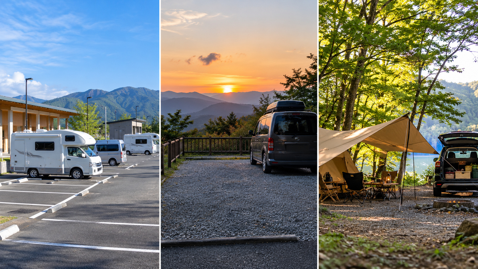 車中泊の場所を選ぶため、整備された駐車区画、山あいの駐車スペース、キャンプサイトの環境を見比べる構成