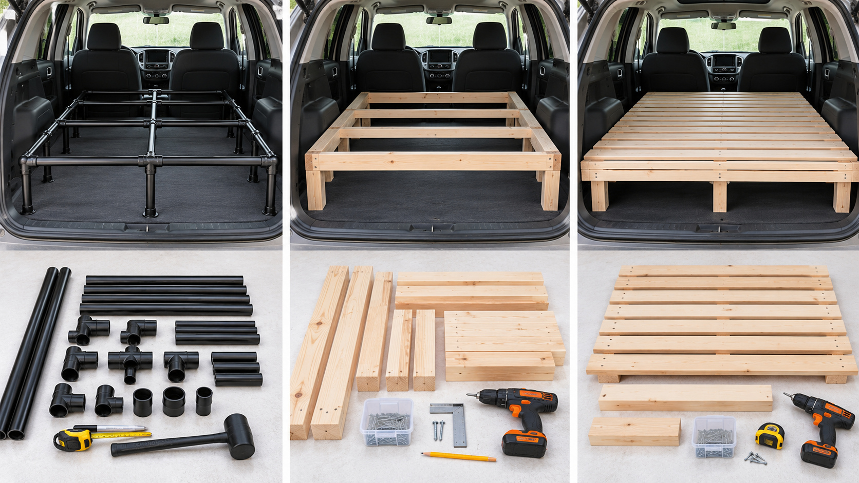 車中泊ベッドの材料として、パイプ製の骨組み、木製フレーム、すのこを同じ車内で比較した構成