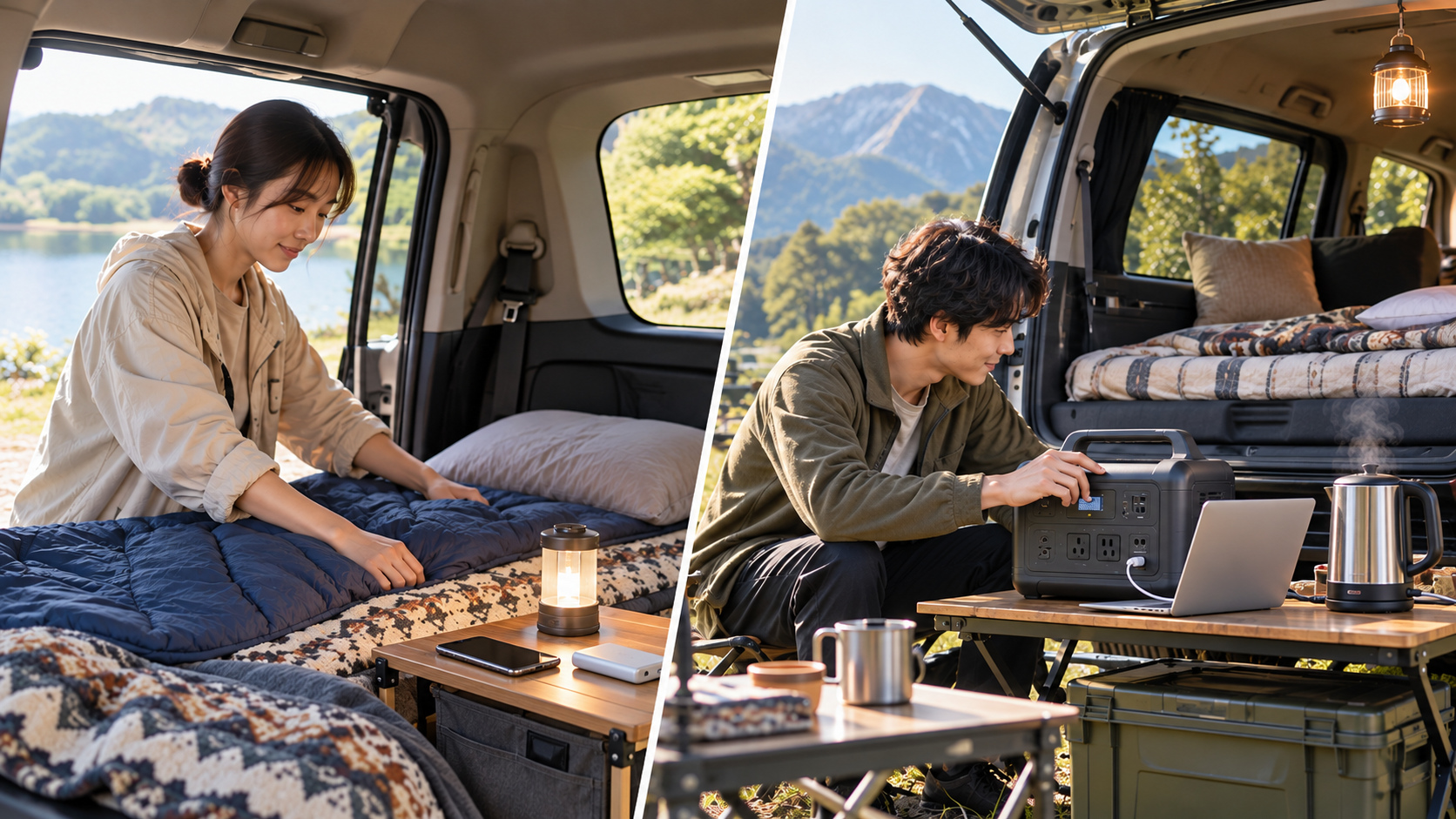 スマホとライトだけを用意する車中泊と、ポータブル電源やノートパソコンを使う車中泊を並べた比較
