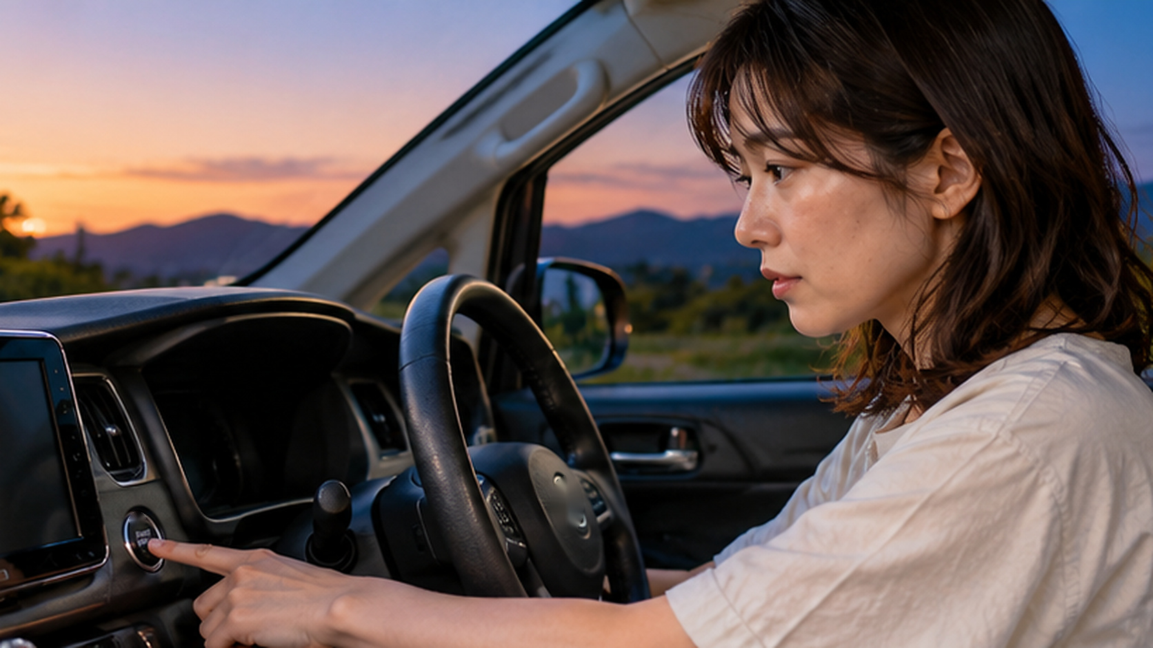 夕方の車内で、就寝前にエンジンの停止操作を確認する女性
