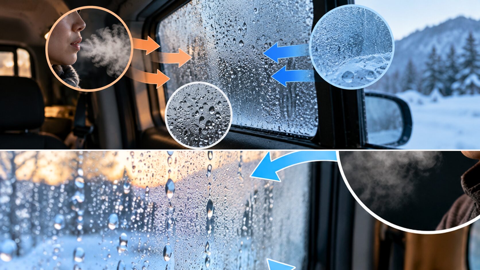 冬の車中泊で、呼吸などによる湿気が冷えた窓ガラスに触れて水滴になる仕組みを示した図