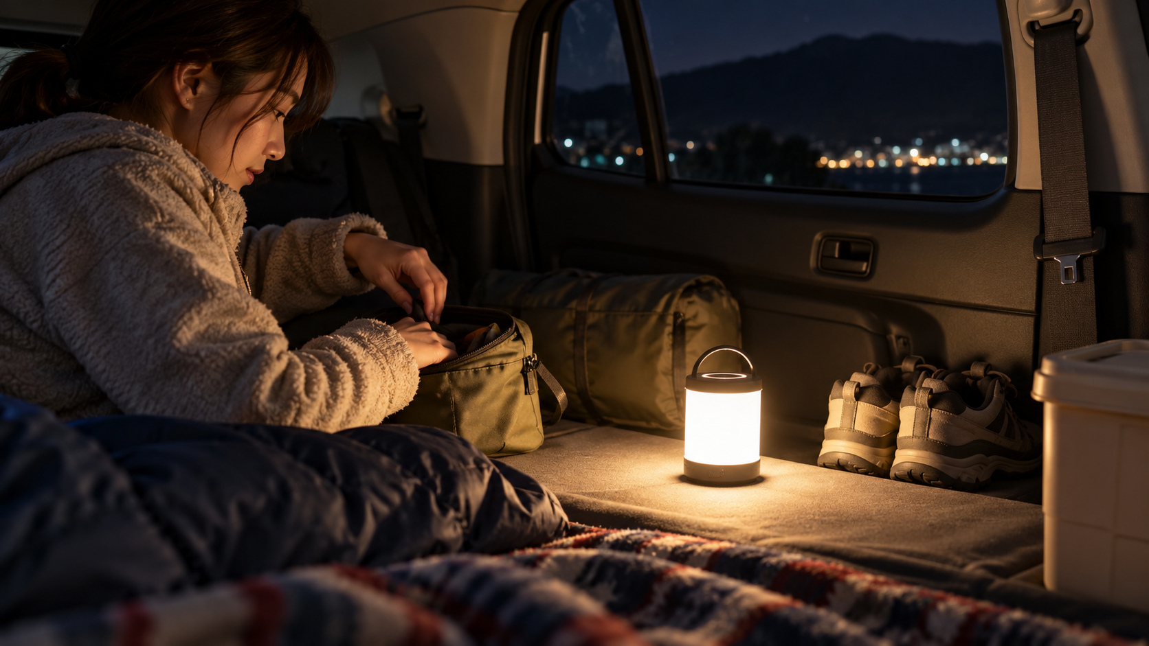 車中泊の夜、置き型のLEDランタンで荷物を照らしながら整理する様子
