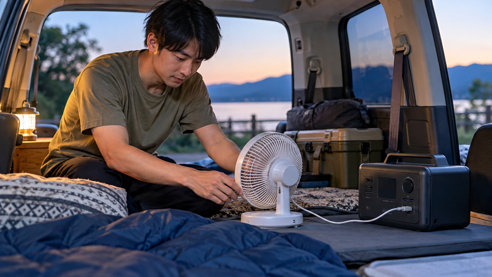 車中泊の寝具を整えた車内で、小型扇風機を外部電源につないで就寝前の準備をする男性