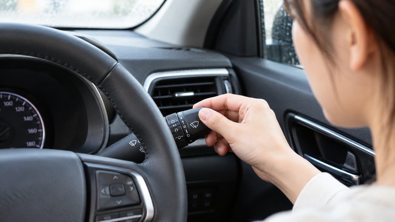 停車中の運転席で、ハンドル横のワイパーレバーに手を添えて操作位置を確認している様子