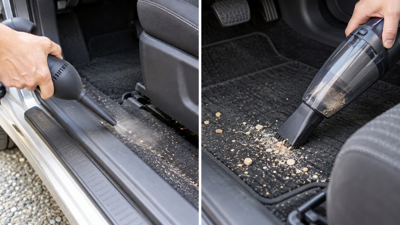 ブロワーで車のドア付近のホコリを動かす方法と、掃除機でフロアマットの砂を吸い取る方法を比較