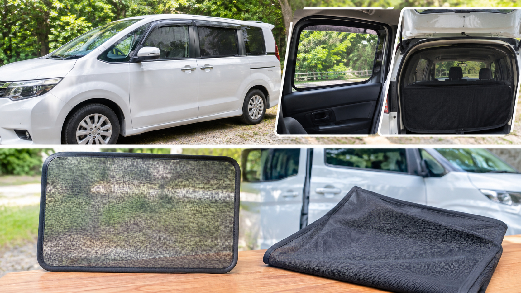 車の窓や後部開口部に付けたネットと、形の異なるメッシュ用品を並べて比較した様子