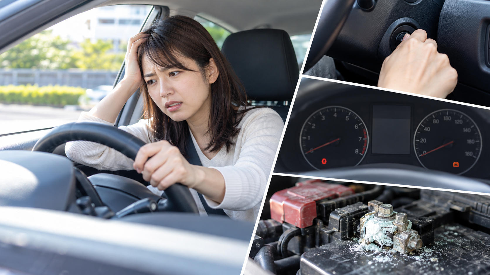 エンジンがかからず困る運転者と、始動操作の手元やメーター表示、バッテリー端子の腐食を並べた場面