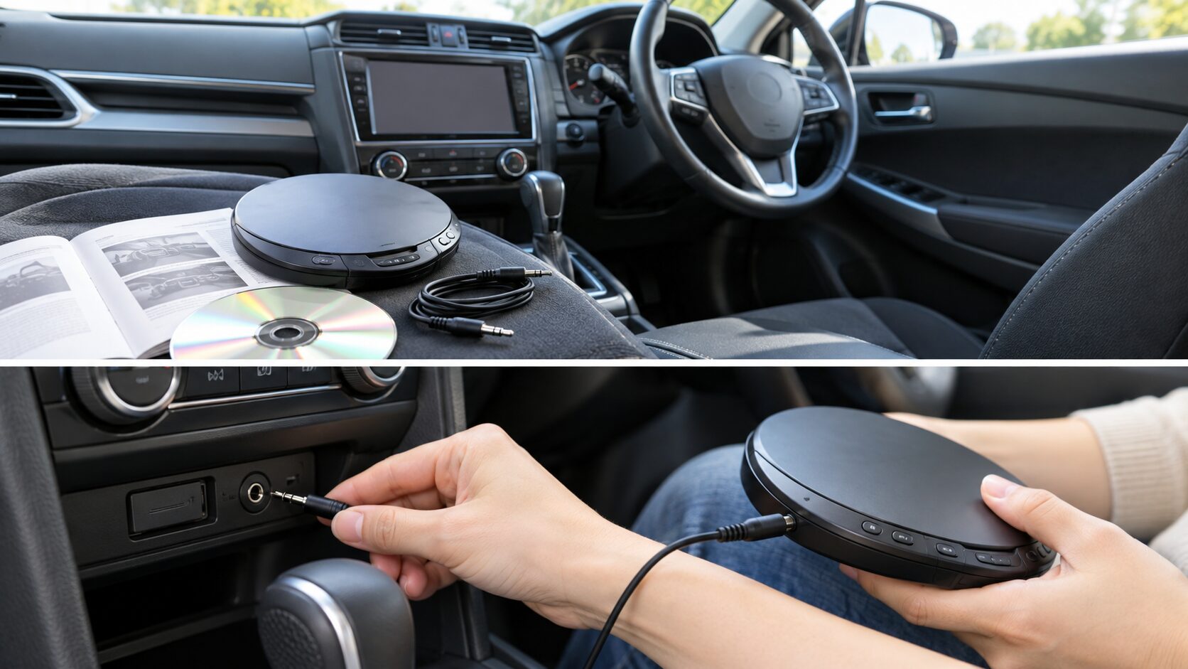 ポータブルCDプレーヤーの音声ケーブルを車のAUX入力端子へ接続する手元と車内の機器