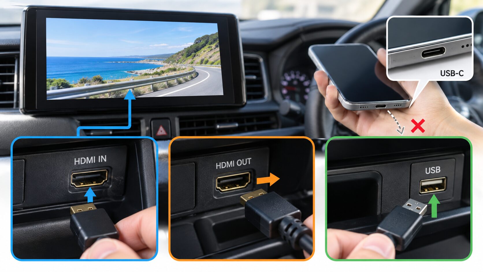 車載モニターにつながるHDMI入力とHDMI出力、USB端子やスマホのUSB-C端子の違いを示した比較図
