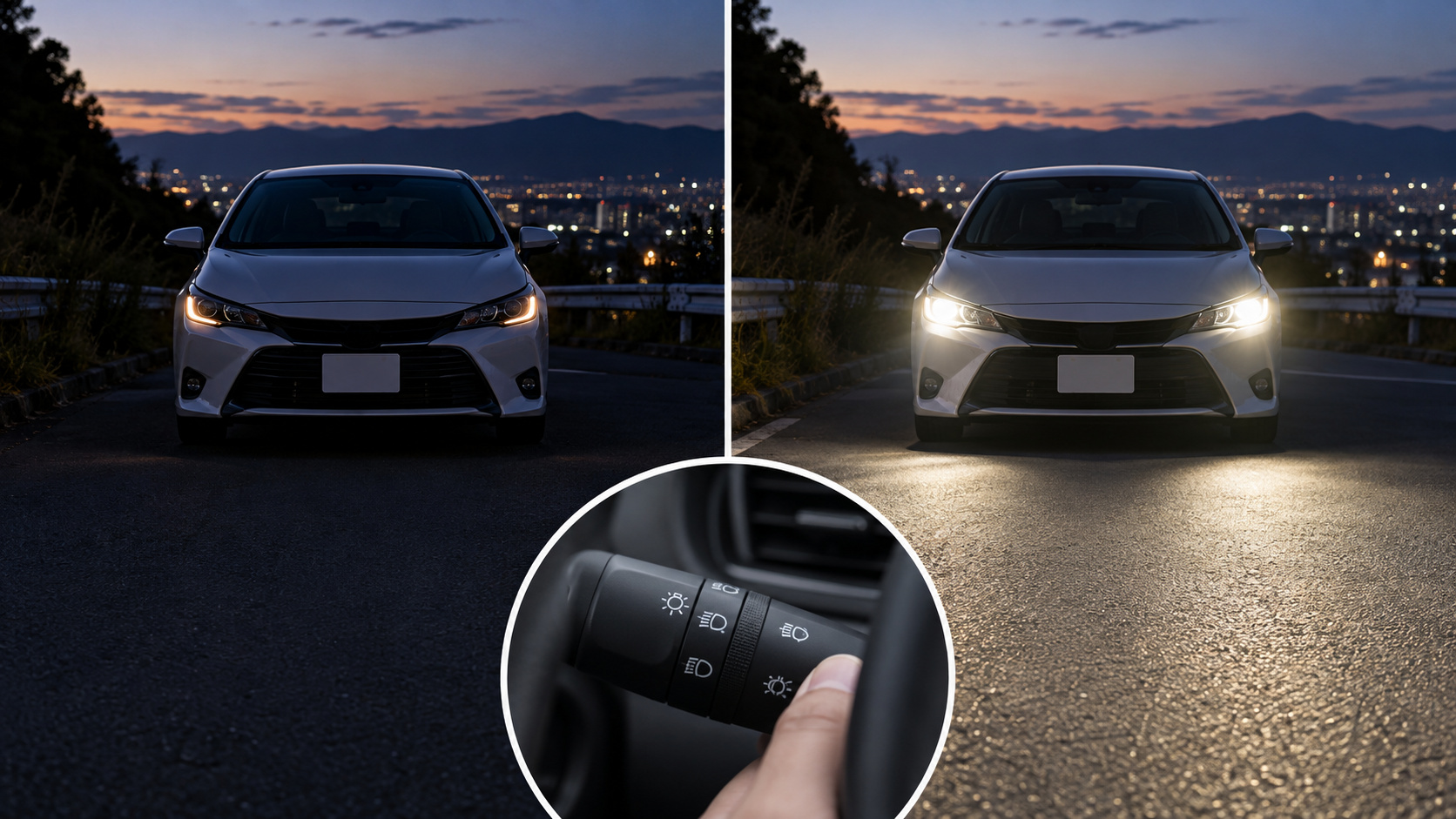 夕暮れの同じ車で、スモールランプの点灯と路面を照らすヘッドライトの点灯を見比べる様子