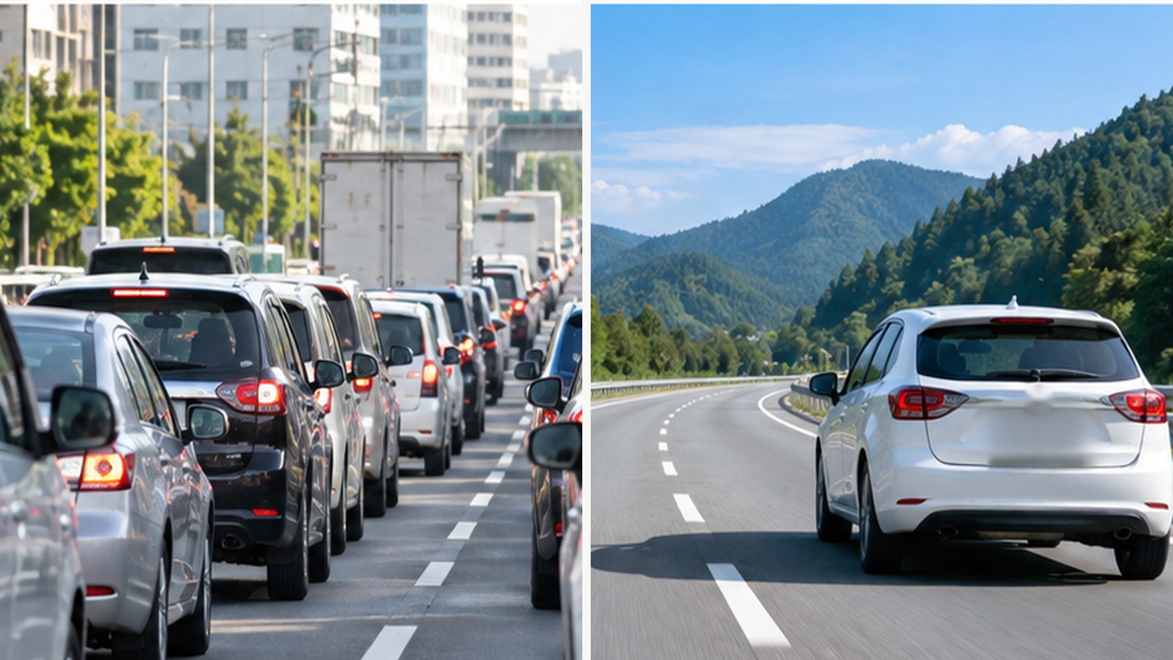 渋滞する市街地と車がスムーズに走る郊外道路を並べ、走行環境の違いを示した比較