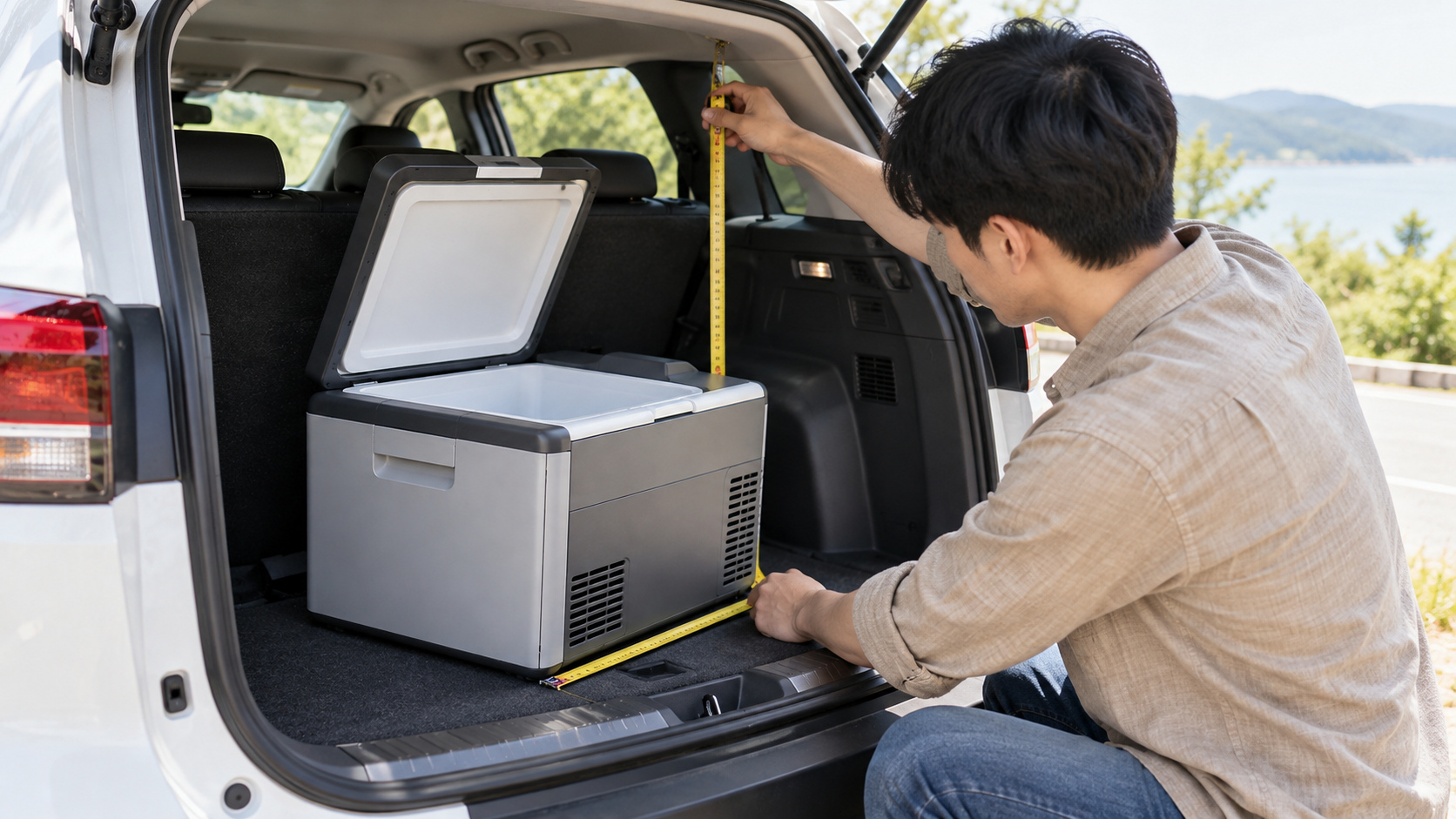 車載冷蔵庫を荷室に置き、メジャーで設置寸法とフタの開閉に必要な高さを確かめる様子