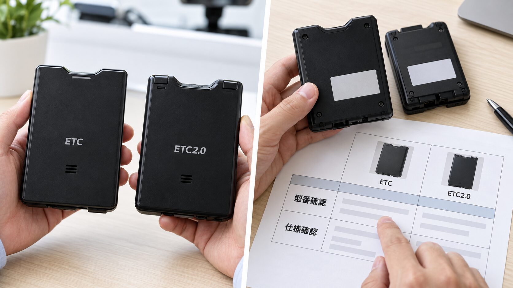 ETCとETC2.0の車載器を見比べ、型番と仕様資料でセキュリティ規格を別途確認する場面