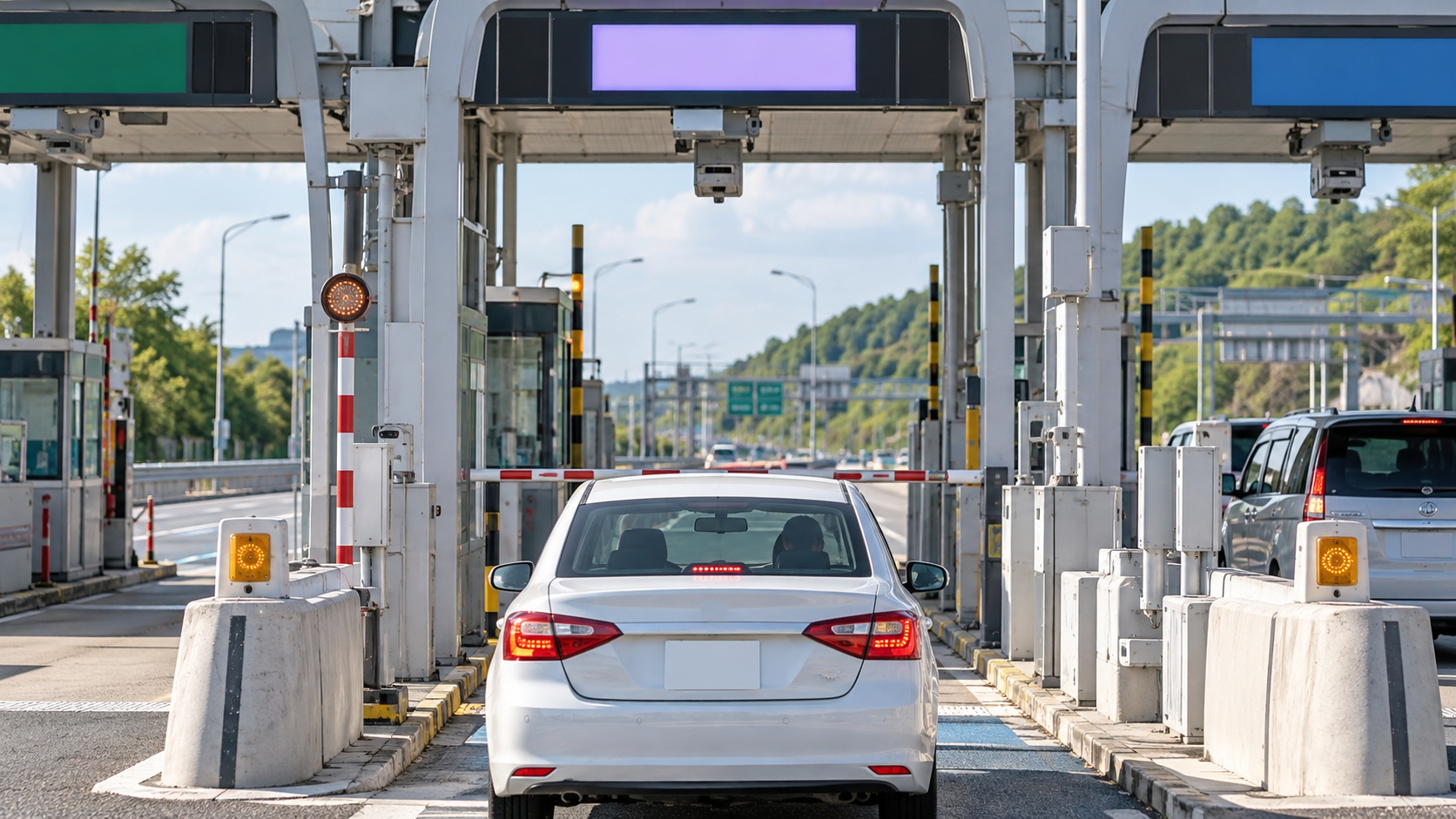 ETC専用レーンの開閉バー手前で停止した乗用車と、係員への連絡に使う料金所設備