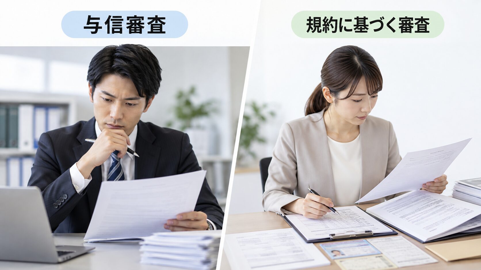 クレジットカードの与信審査とETCパーソナルカードの規約に基づく発行審査を左右に並べた比較図