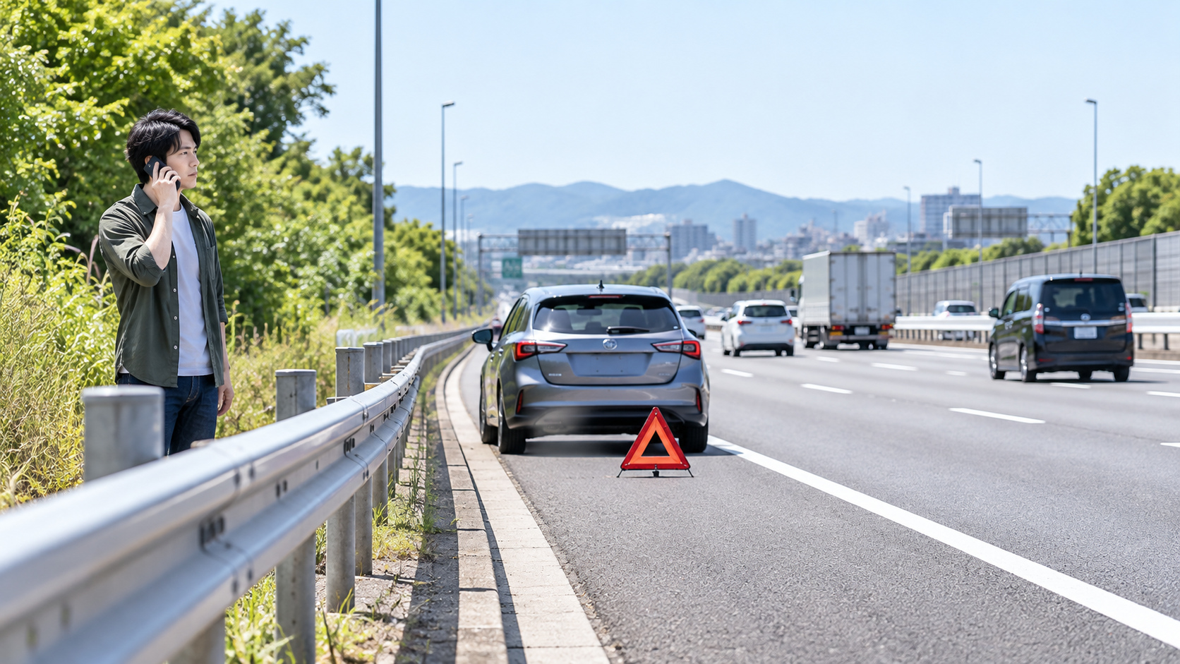 高速道路で故障停止した車を離れ、運転者がガードレールの外側から電話で救援を求めている様子