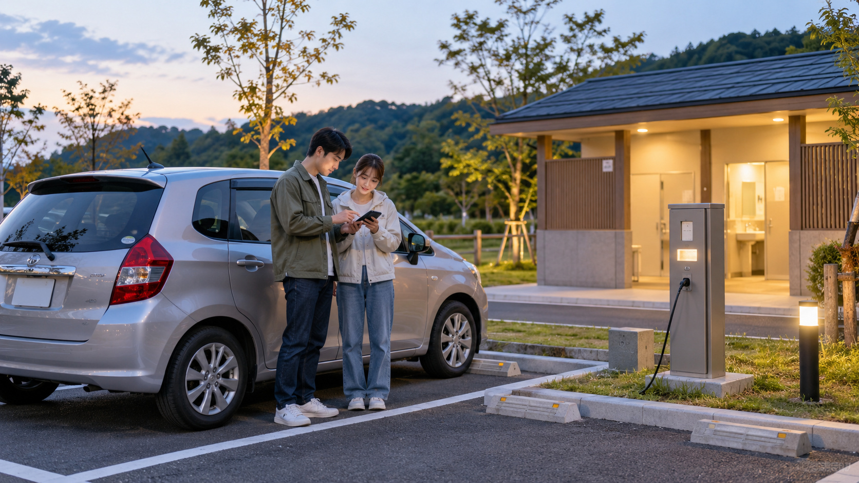 普通車を停めた車中泊施設で、駐車区画の広さや電源設備と周辺施設を確認する旅行者
