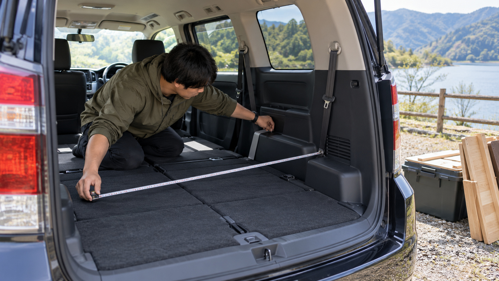 車中泊ベッドの設置を考えるため、停車中の車内でメジャーを使って荷室の幅を測っている様子