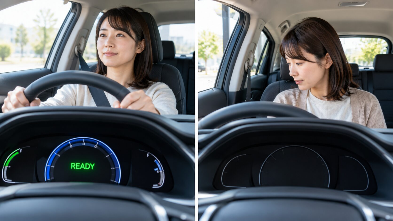 ハイブリッド車のメーターでREADYが点灯した状態と、表示が消えた停止状態を左右に比較