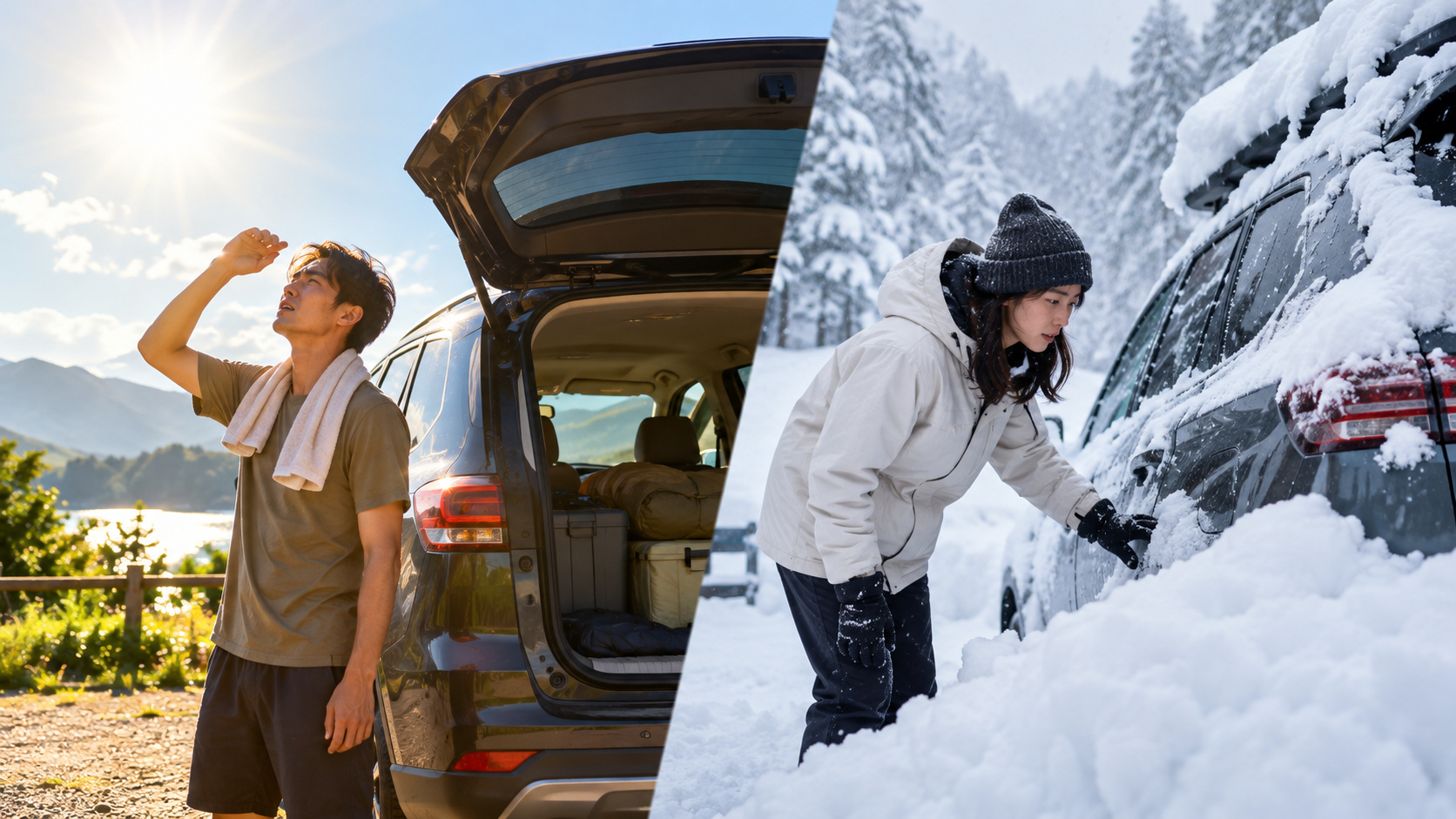 強い日差しの下で暑さを感じる夏の車と、雪に覆われた冬の車を対比した様子