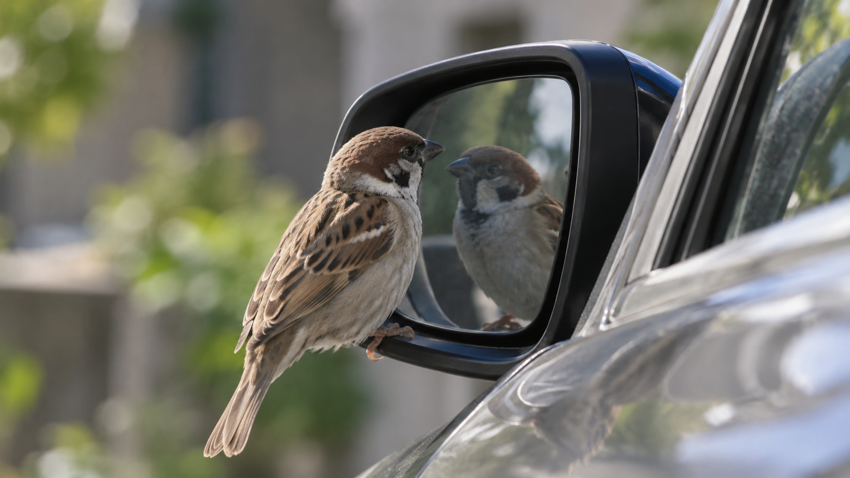 駐車中の車のドアミラーに止まった小鳥が、鏡に映った自分の姿を見つめる様子
