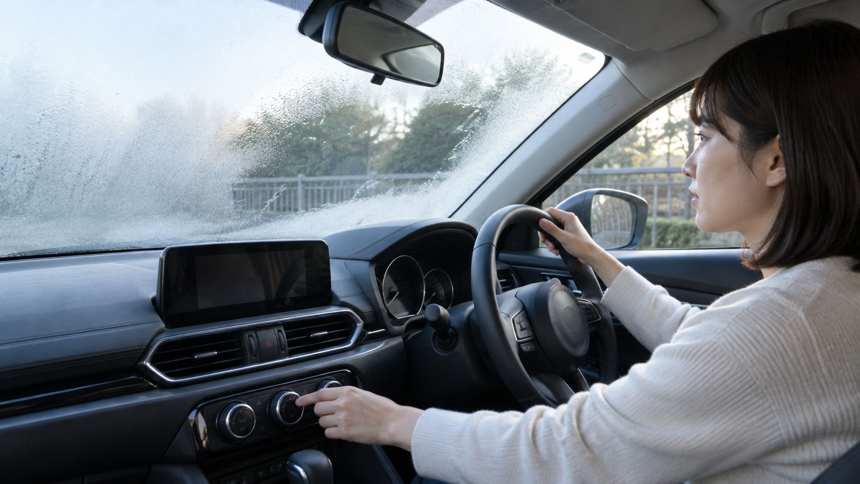 曇ったフロントガラスを前に、運転席の女性が空調の操作部を調整している様子