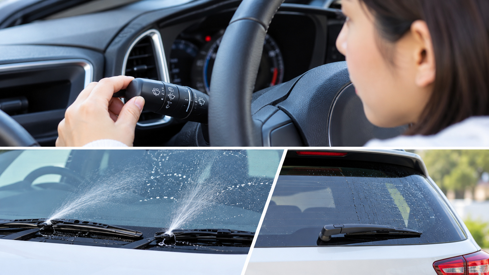 運転席の操作レバーとフロントガラスへのウォッシャー液の噴射、リアワイパーをまとめて示した構成