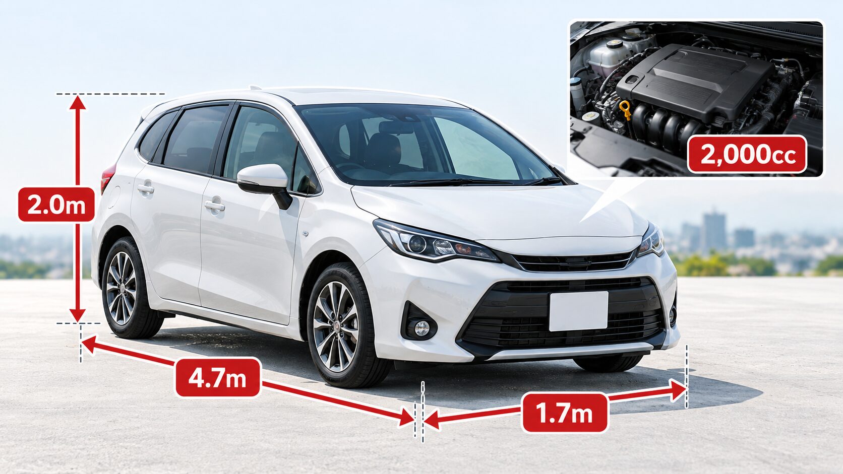 乗用車に全長4.7m、全幅1.7m、全高2.0mとガソリン車の排気量2,000ccの基準を重ねた図
