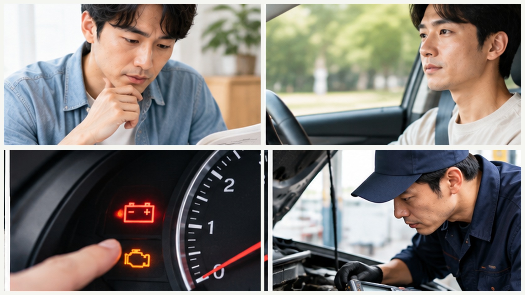 整備記録と運転状況、警告表示の確認から整備士によるバッテリー点検までの4つの確認場面