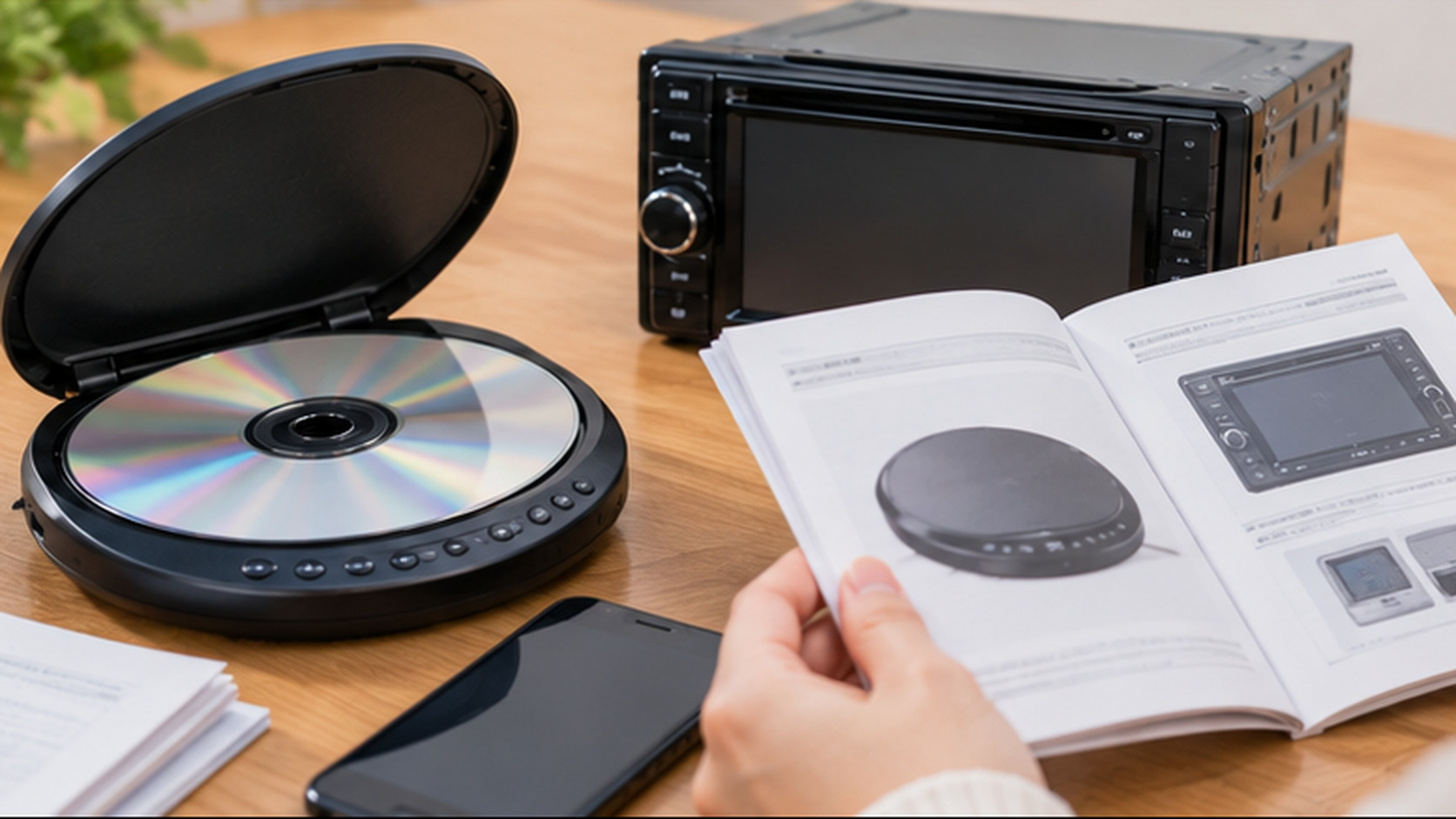 ポータブルCDプレーヤーと車載オーディオの説明書を見比べ、Bluetooth接続への対応を調べる様子