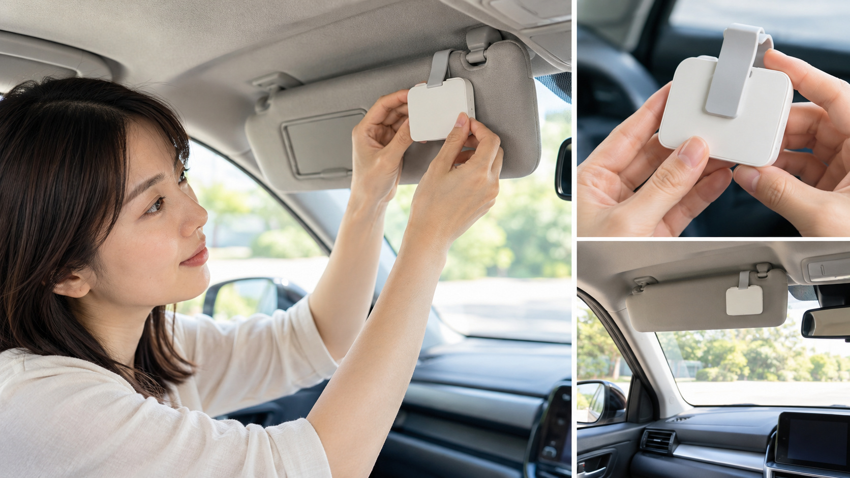 車のサンバイザーの形状とクリップ部分を確かめながら虫よけ用品を取り付ける様子