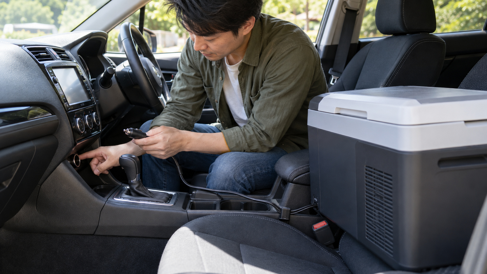 車載冷蔵庫をシガーソケットにつなぐ前に、停車中の車内で電源プラグと接続口を確かめる様子