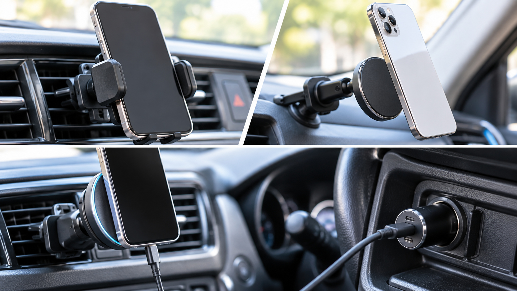 スマホをアームで挟む方式と背面の磁石で保持する方式を、車内の取り付け例で比較した様子