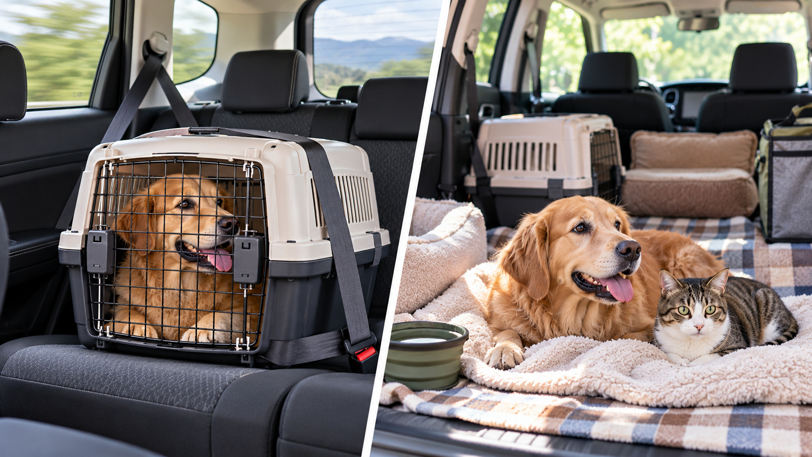 移動中に犬をキャリーに入れる場面と、停車後の車内で犬と猫が敷物の上で休む場面の比較
