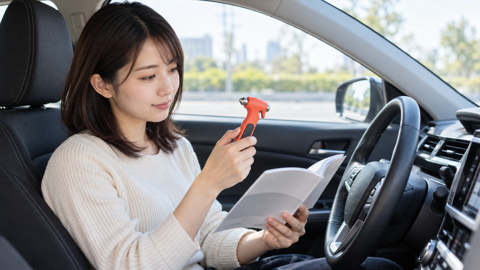 停車中の車内で取扱説明書と緊急脱出ハンマーを手に取り、使用前に扱い方を確認する様子