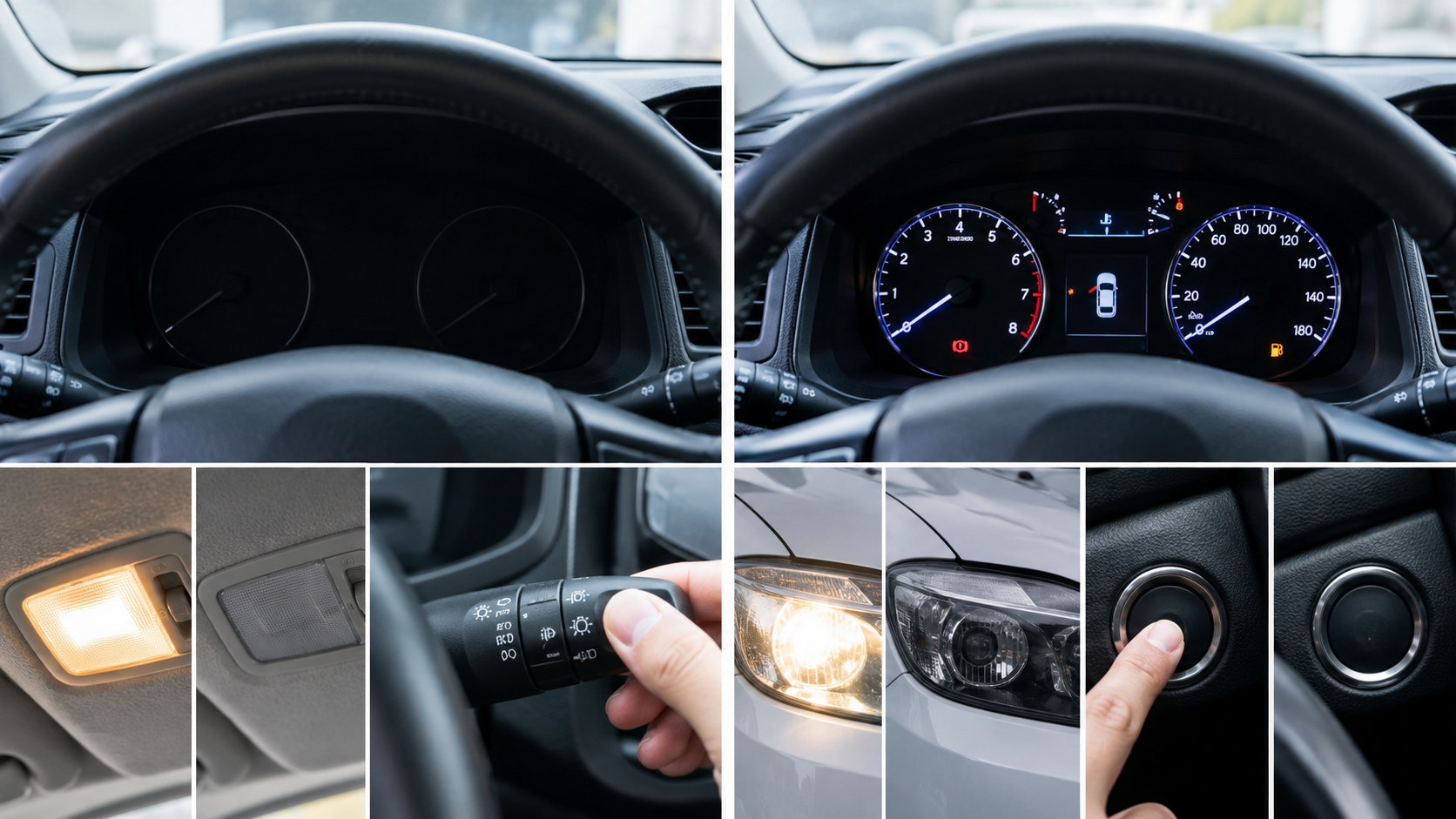 車のメーターや室内灯、ヘッドライトが消えている状態と点灯している状態を見比べる構成