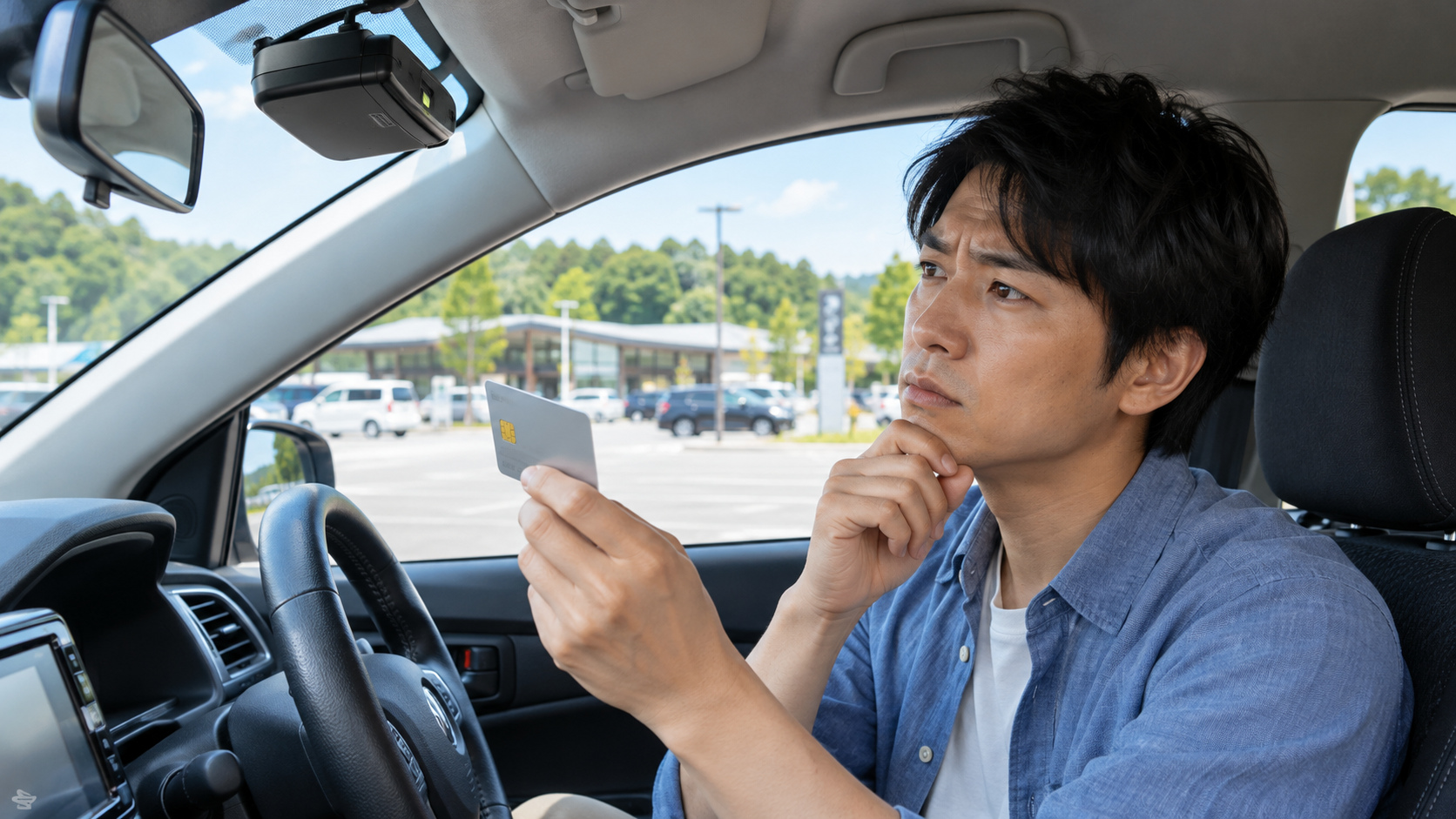 安全な駐車場所に停めた車内で、ETCカードを見ながら車載器の状態を確認する運転者