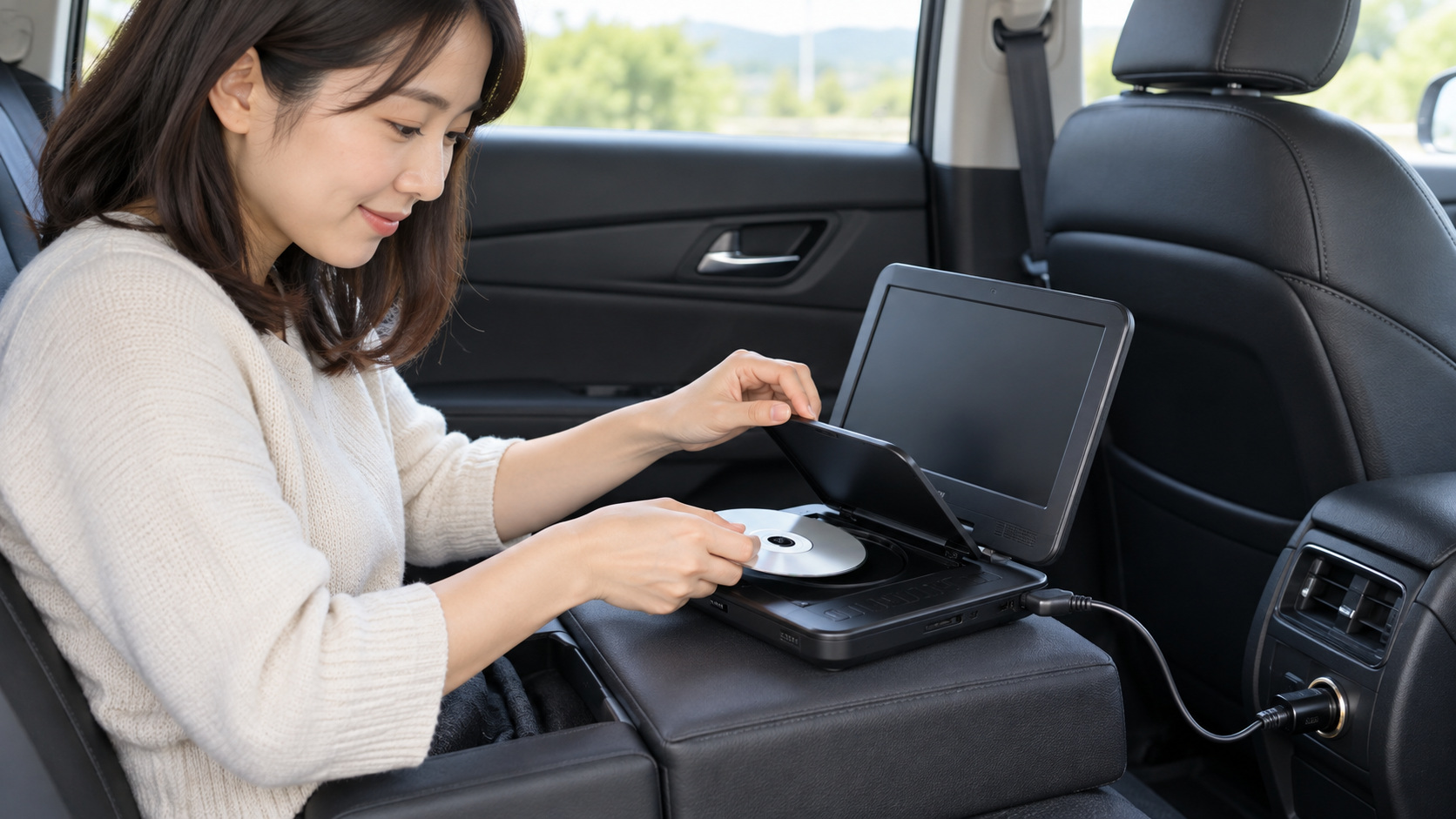 車内で画面付きポータブルDVDプレーヤーにディスクをセットし、車載電源につないで再生準備をする様子