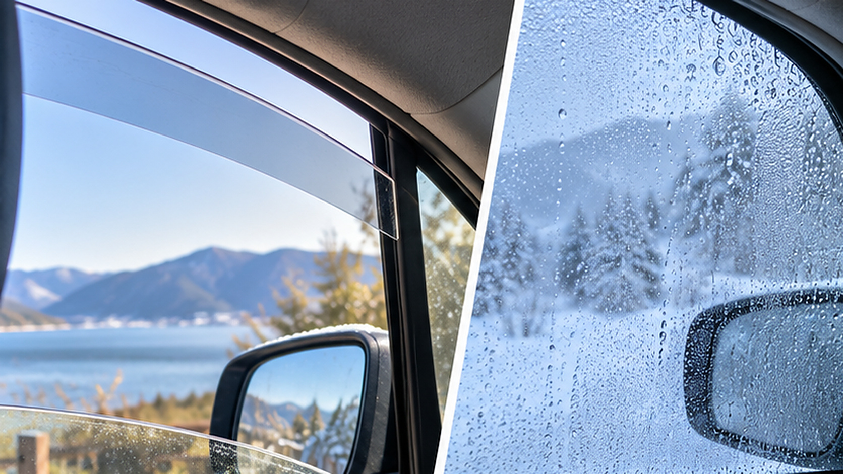 穏やかな天候で窓を少し開けた状態と、雪が降る中で結露した閉じた窓を比較した様子